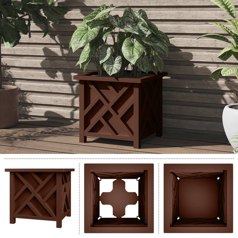 Lattice Design Planter Box - 15.5-Inch-Square Decorative Outdoor Flower or Plant Pot by Pure Garden (Brown)