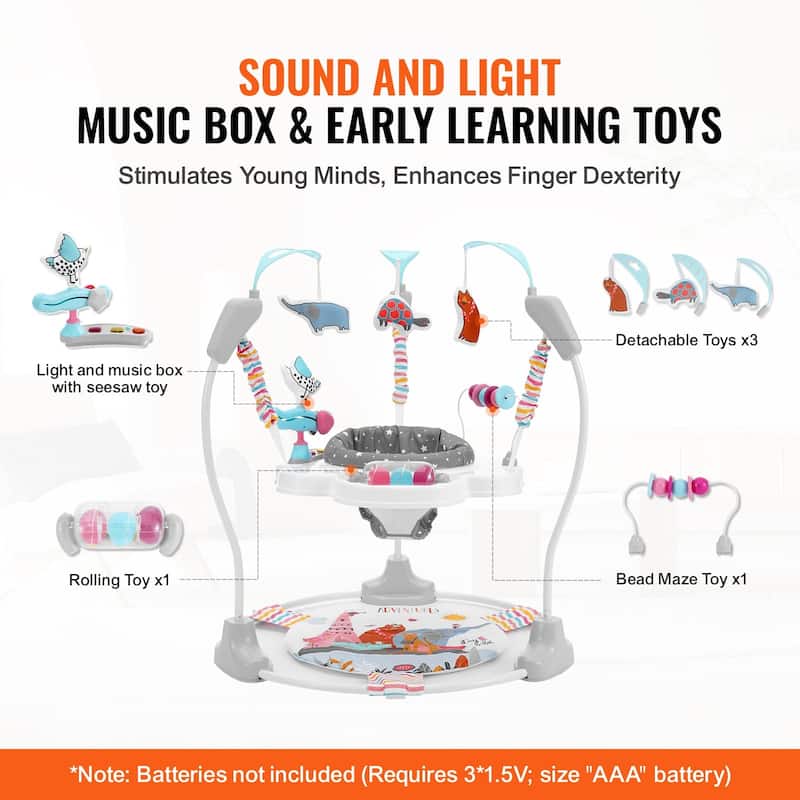 Multi-Color Bouncer Jumper with Crinkle Pad, Music Box and Adjustable Height - 34.3” L x 34.3” W x 36.6” H