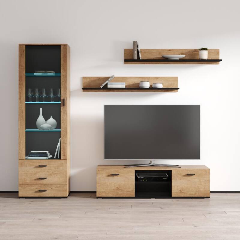 Soho 7 Modern Wall Unit Entertainment Center with 16 Color LED Lights - Oak