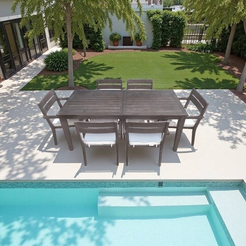 7-Piece Acacia Wood Outdoor Dining Set with Cushioned Chairs, Rectangular Patio Table for Backyard, Balcony or Garden Use - Gray