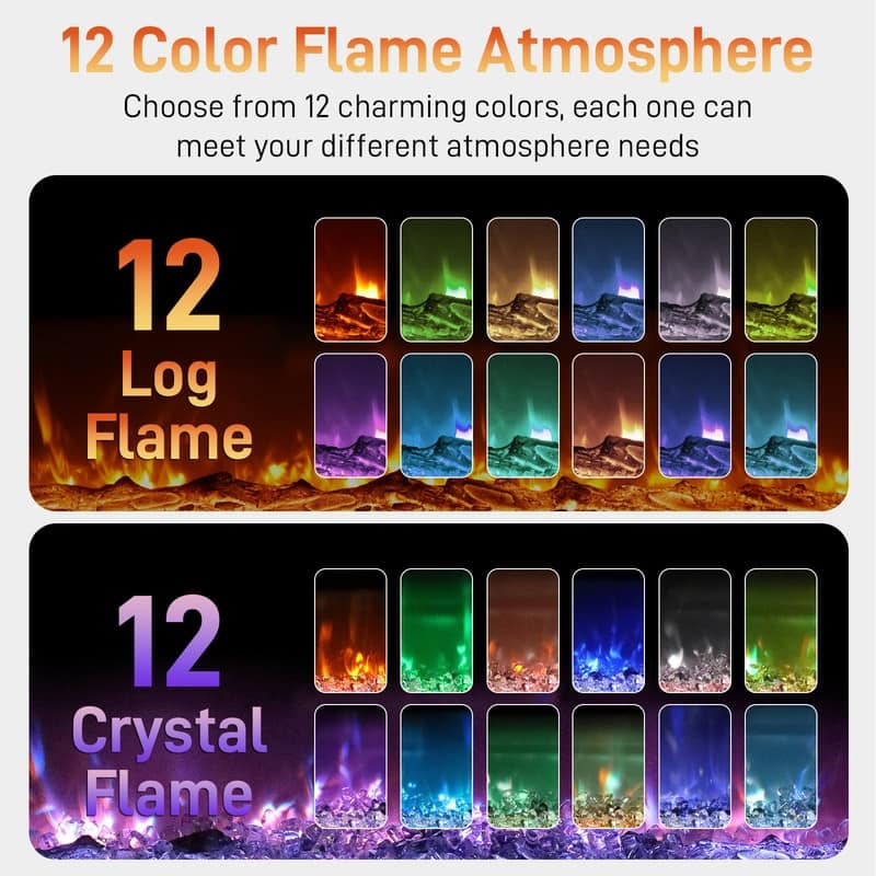 30/36/42/50/60 Inch Wall-Mounted/Built-in Electric Fireplace with WIFI Function and 12 Color Adjustable Flames