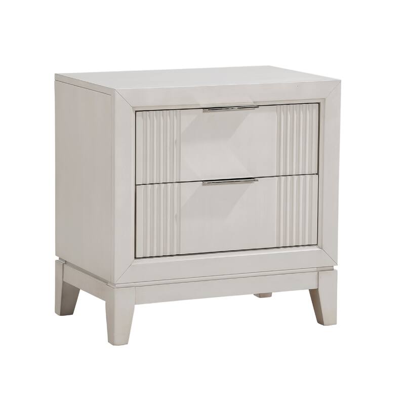Flo Nightstand, 2 Drawers, Antique White Wood, Chrome Edge Handles