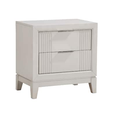 Flo Nightstand, 2 Drawers, Antique White Wood, Chrome Edge Handles