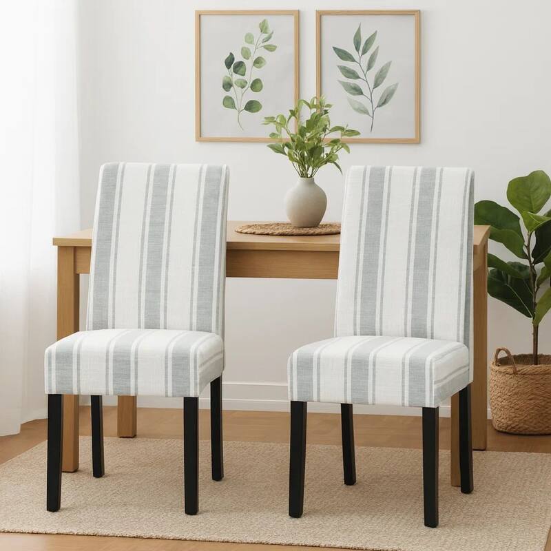 Dinner Chair Set of 2, Retro Style Armless Design, White Gray Stripes