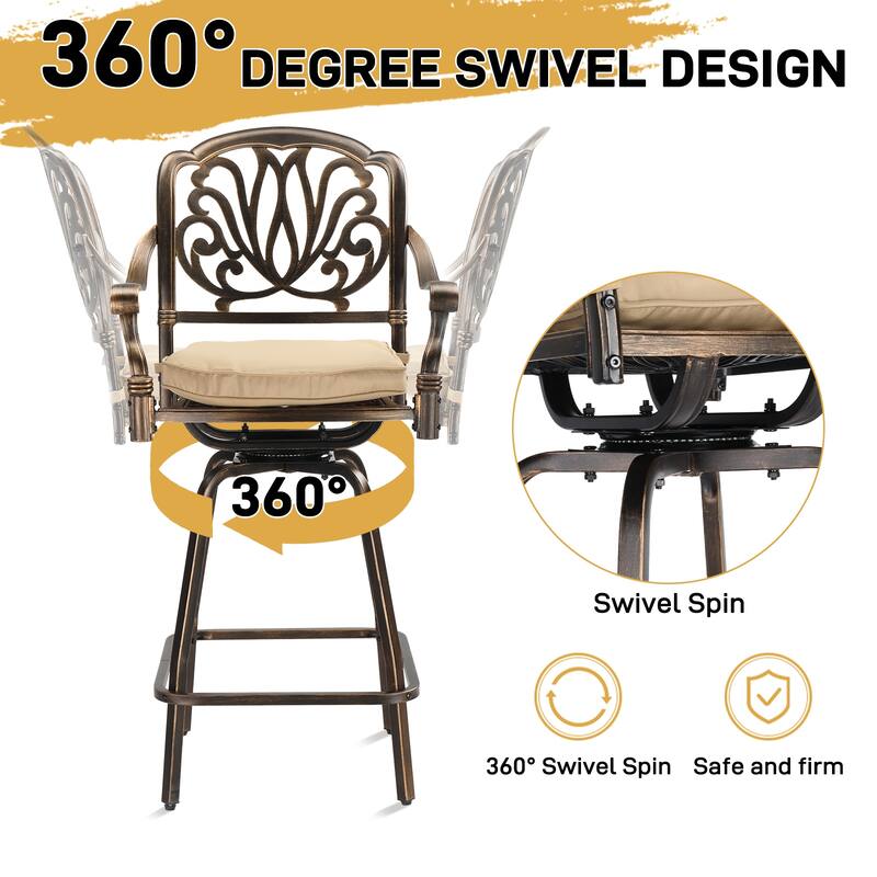 Set of 2 Aluminum Swivel Bar Stools with Thick Comfortable Cushions and Footrests for Patio or Porch - 25.2"D x 25.6"W x 51"H