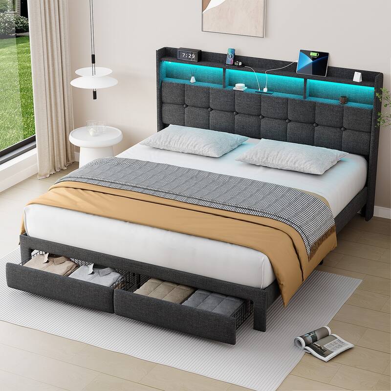 King Size Upholstered Platform Bed with LED Lights, Charging Station & Storage Headboard, No Box Spring Needed