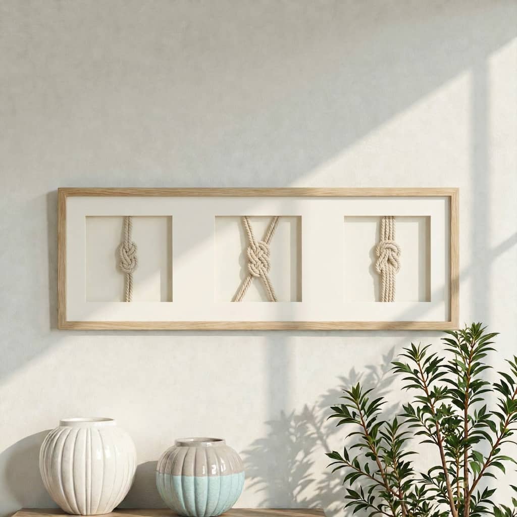 Framed Nautical Rope Shadow Box Wall Art Cream Coastal Beach Decor for Living Room or Bathroom 37 x 13