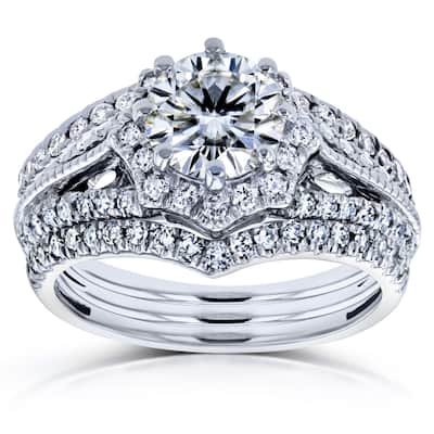 Kobelli 1.65 Carats Moissanite & Natural Diamond Solid 14k White Gold Vintage Starry Web Halo 3pc Bridal Set