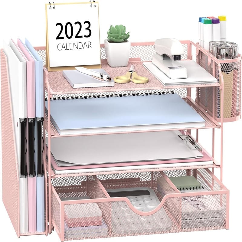 4 Trays Letter Tray Paper Organizer - 14"D x 9"W x 5"H - Pink