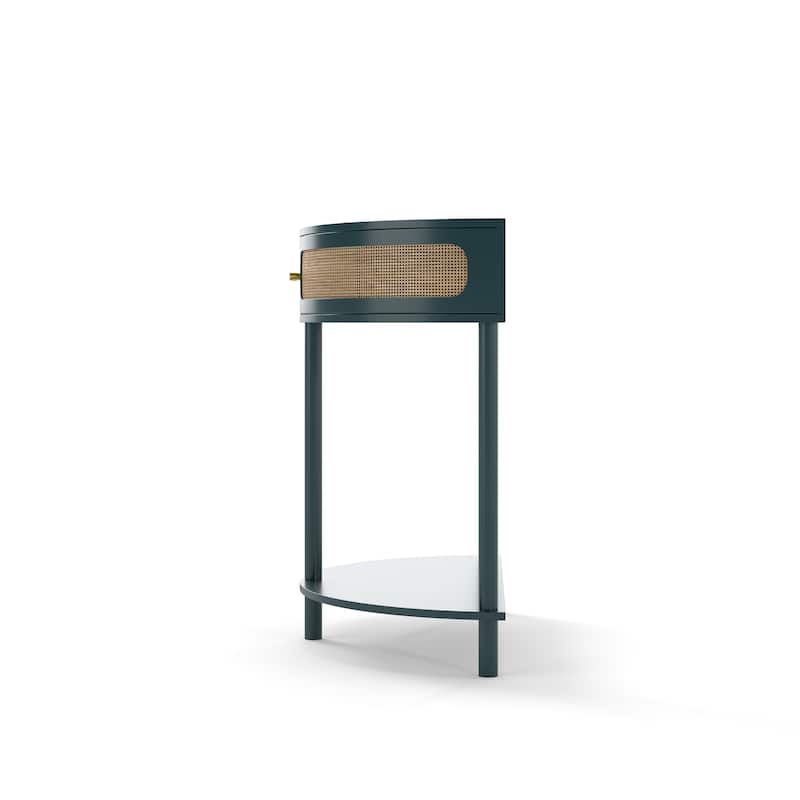 Boho Rattan Semi Circle End Table with Sliding Rattan Door,Elegant Entryway Console with Storage and Bottom Shelf