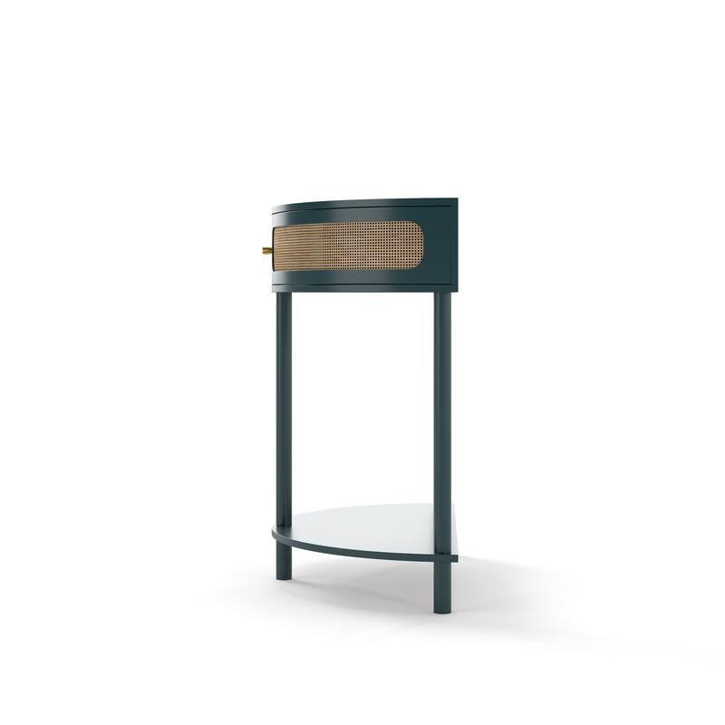 Half Moon End Table with Sliding Rattan Door, Boho Semi-circle Entryway Console Table with 2 Storage Cabinet and Bottom Shelf