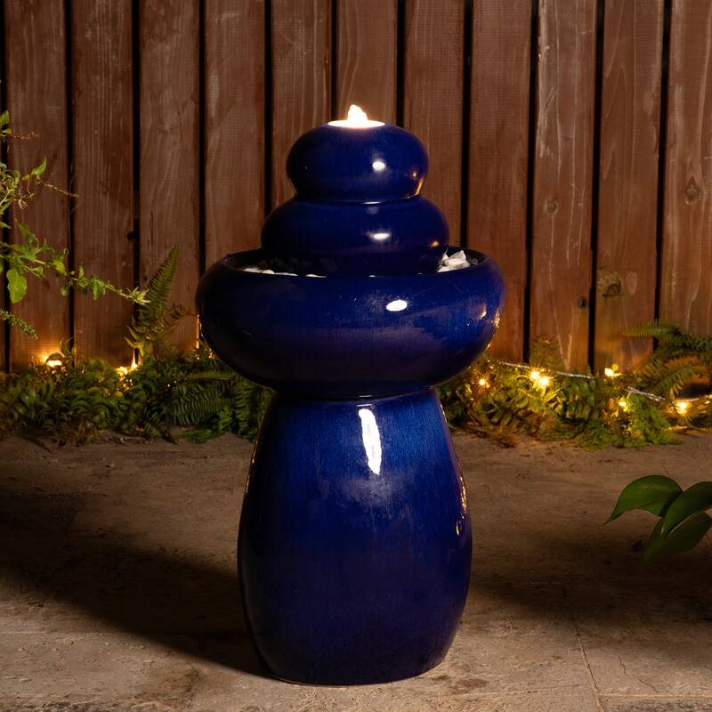 Glitzhome 22"H Zen-Style Cobalt Blue Pebbles Outdoor Ceramic Fountain with Pump and LED Light