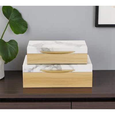 Set Of Two Natural And White Wood And Faux Marble Jewelry Boxes