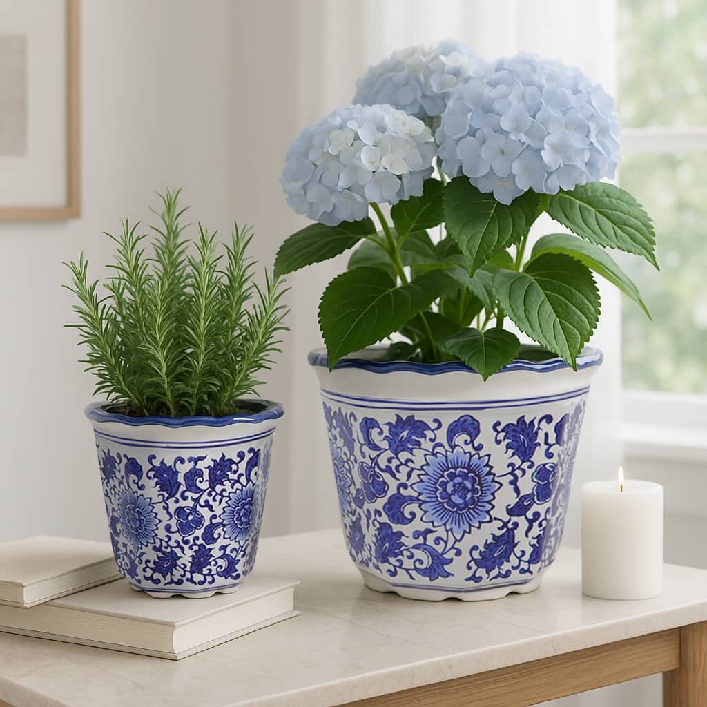 Plant Pot Set of 2 - Blue/White Ceramic Chinoiserie, 6/8"