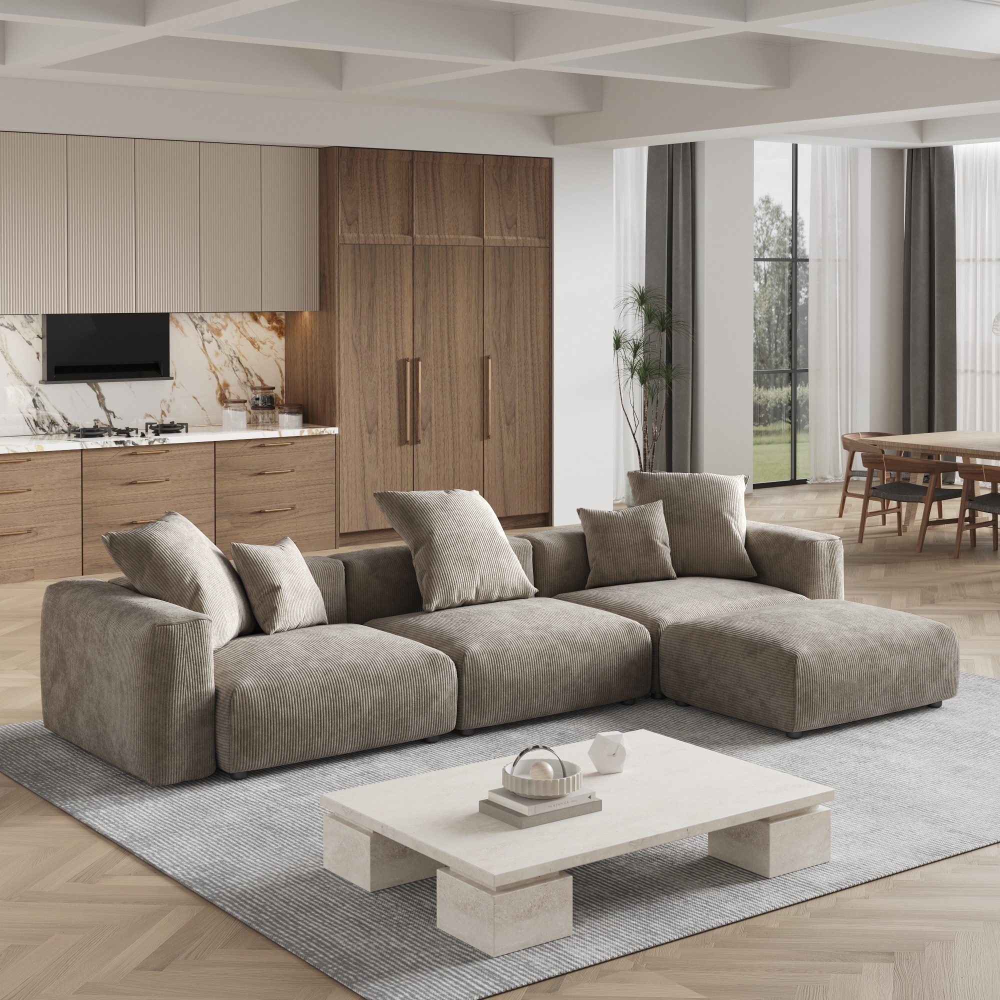 L Shaped Oversized Corduroy Sectional Sofa Couch, 141'' Cloud Modular Couch with Ottoman