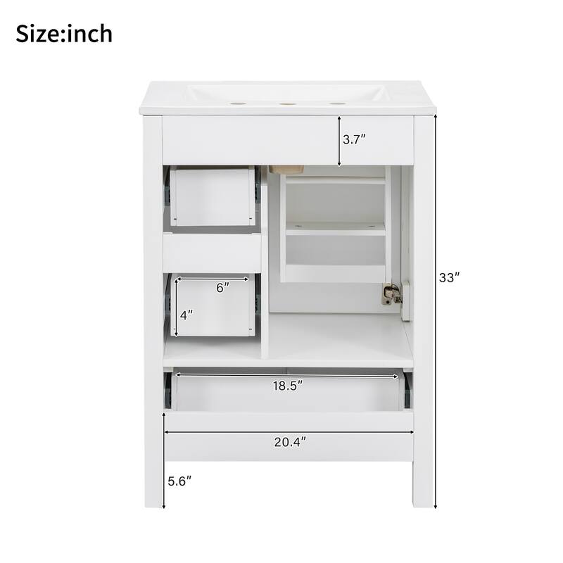 24" Bathroom Vanity with Ceramic Sink Bathroom Storage Cabinet with Double-Layer Door Shelf and 3 Drawers