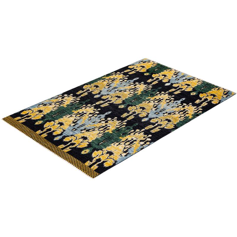 Overton Hand Knotted Wool Contemporary Ikat Black Area Rug - 6' x 9'