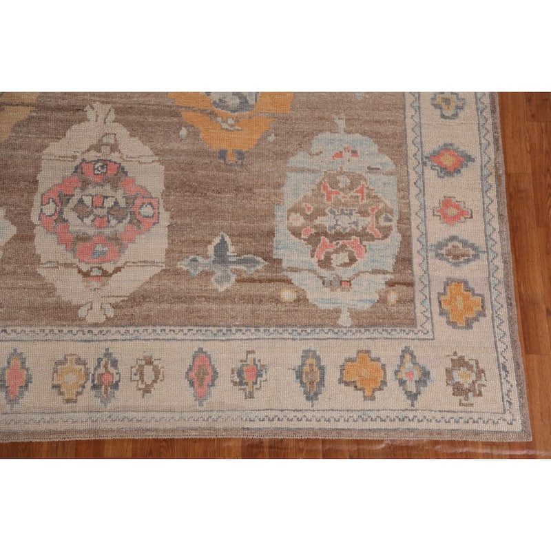 Hand Knotted Oriental 100% Wool Carpet Transitional Geometric Brown Oushak Area Rug - 12' 6'' X 8' 11''