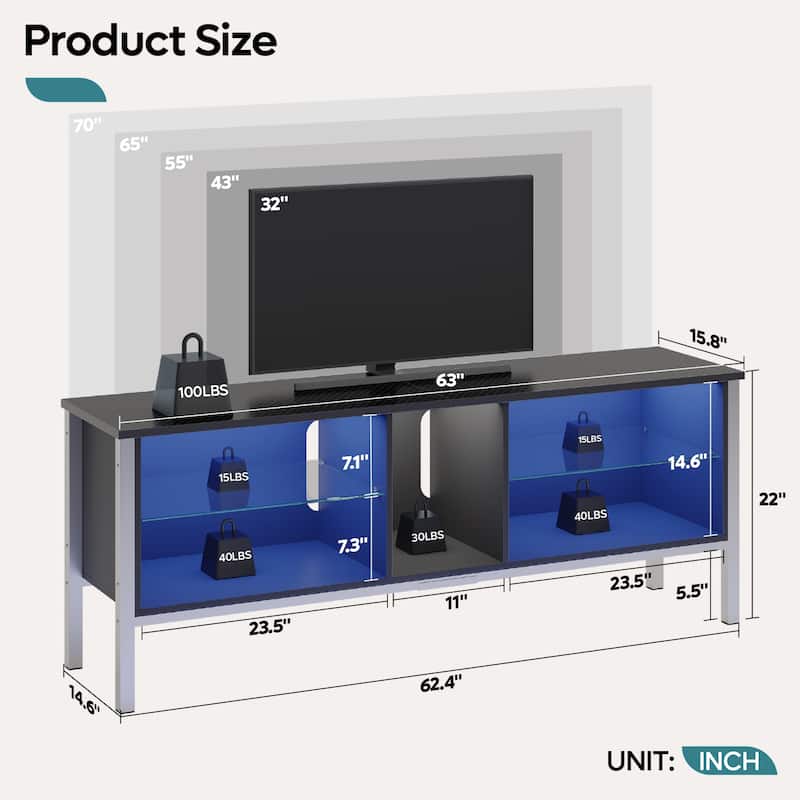 LED Entertainment Center with Shelves Gaming TV Stand for 70 inch TVs - 62 inches