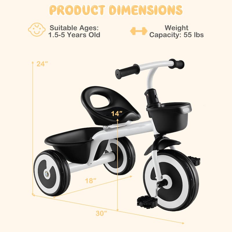 Toddler Tricycle for Boys and Girls with Carbon Steel Frame Indoor and Outdoor Kids Pedal Bike - 30" × 18" × 24"