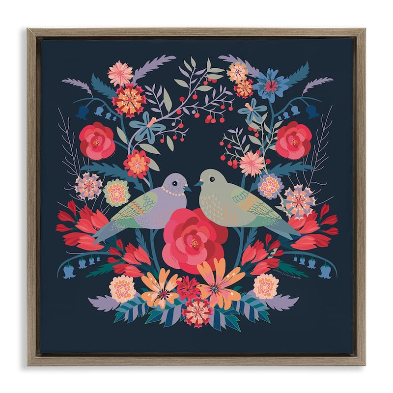 Stupell Symmetrical Birds & Flowers Framed Floater Canvas Wall Art Design By Verbrugge Watercolor - 25 x 25 - Brown