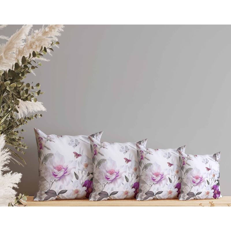 Leafy Lepidoptera Medley Faux Suede Reversible Throw Pillow White and Purple