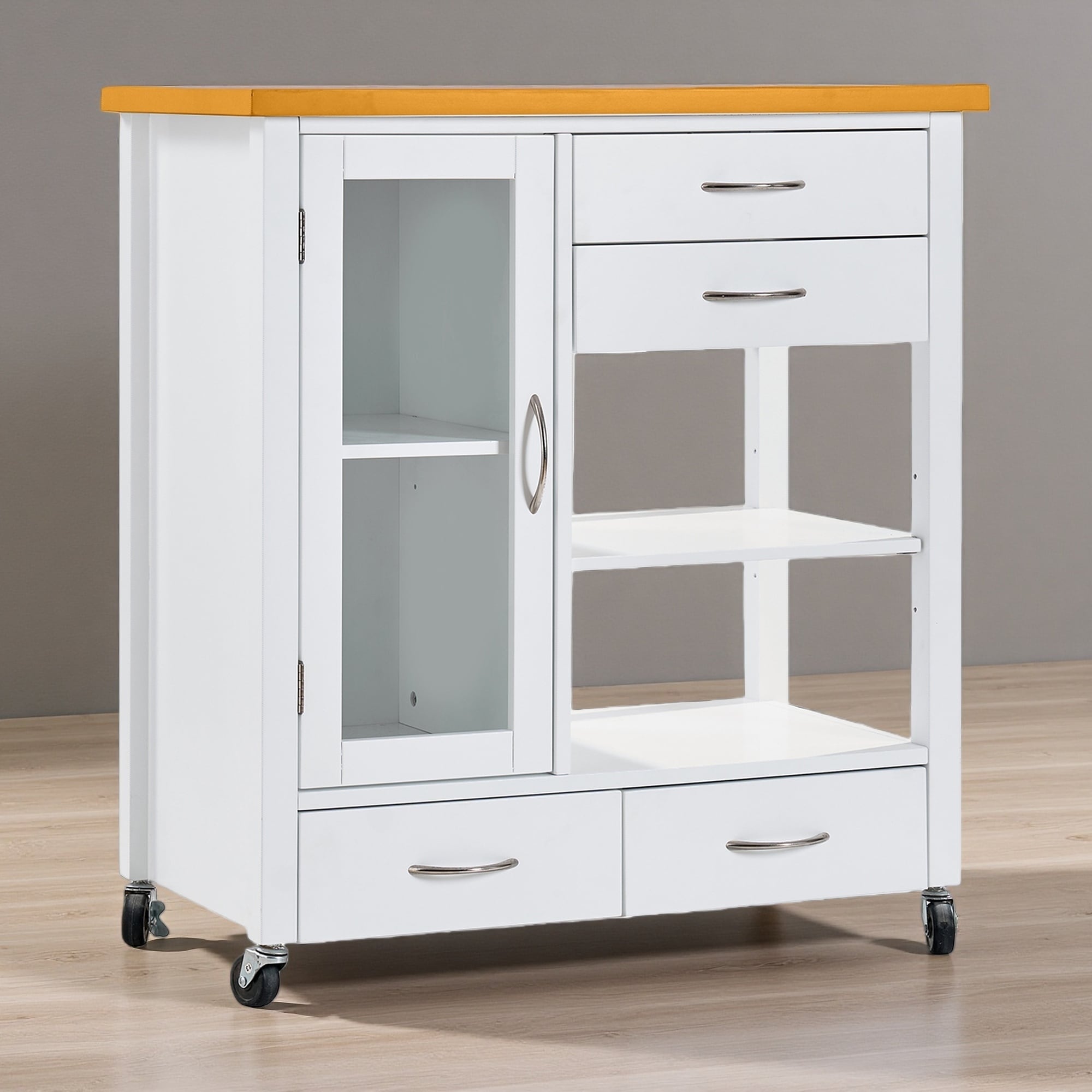 Kitchen Island Cart with Walnut Wood Top, Rolling Storage Cabinet on Wheels, 2 Drawers, Glass-Door Sideboard with Towel Bar