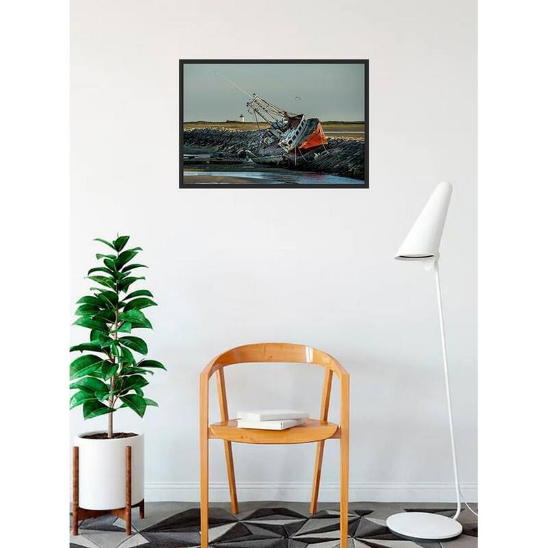 Grounded Boat After Dtorm Cape Cod Photography by Wayne Collamore Framed Poster - 18 x 24 Inch