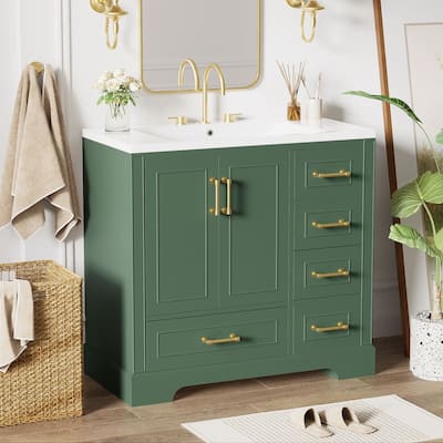 36 in. W Bathroom Vanity with White Resin Sink, Two Doors and Four Drawers