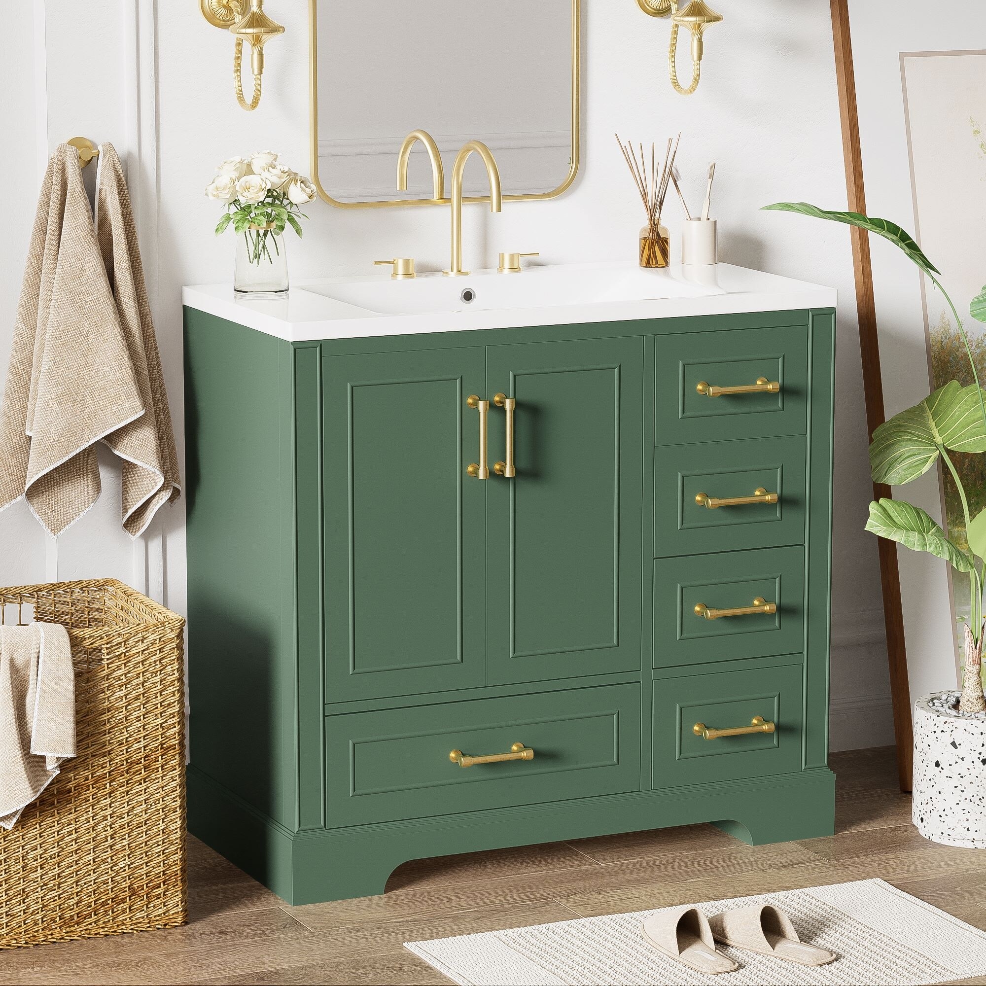 36 in. W Bathroom Vanity with White Resin Sink, Two Doors and Four