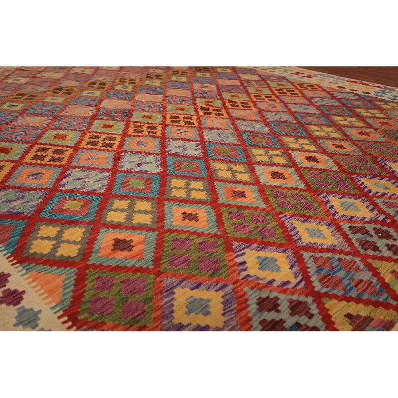 Trellis Geometric Kilim Oriental Large Rug Flatweave Wool Carpet - 10'4" x 16'0"