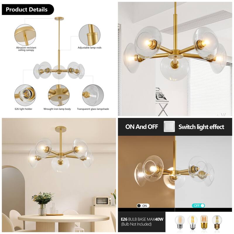 26" 5-Light Sputnik Chandelier with Clear Glass Shades, Light Fixture