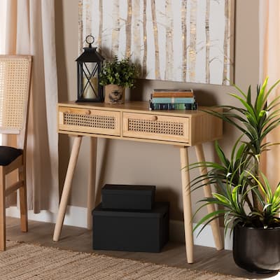 Maclean Mid-Century Modern Rattan and Natural Wood Console Table