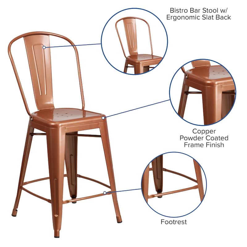 24'' High Metal Indoor-Outdoor Counter Height Stool with Back - 17.75"W x 22"D x 40.25"H