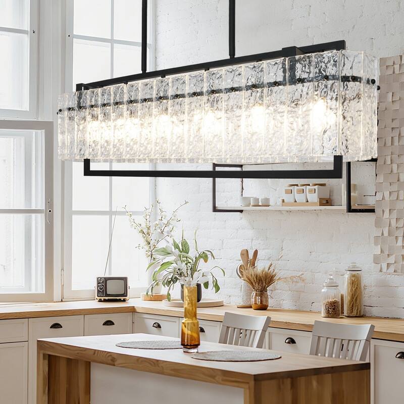6 lights Rectangle Black Crystal Chandeliers for Dining Room, 39" Large Linear Water Ripple Glass Island Light Fixture