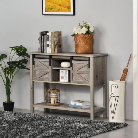 HOMCOM Farmhouse Style Console Table with Sliding Barn Doors and 4 Open Storage Compartments and Elevated Base, Grey