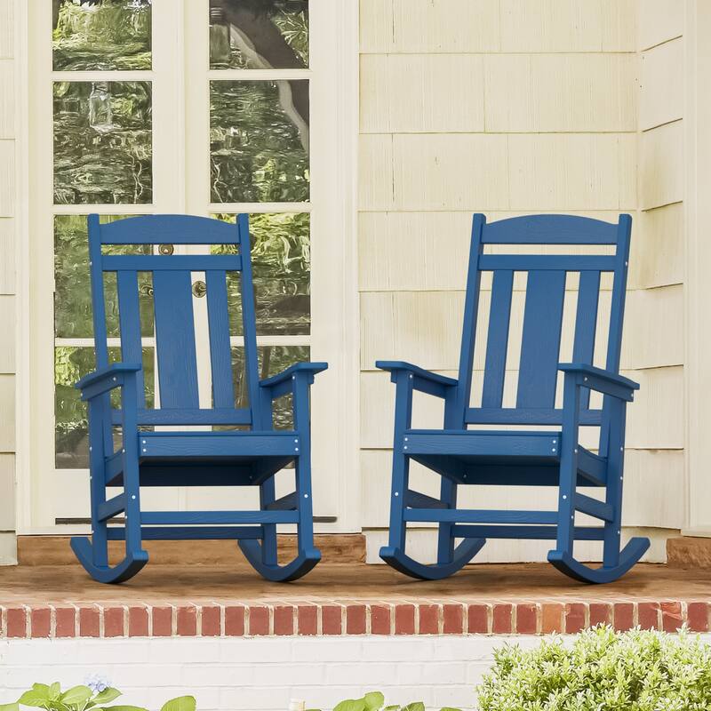 Eco-Friendly Plastic Outdoor Adirondack Rocking Chairs For Porch Set of 2 - Dark Blue
