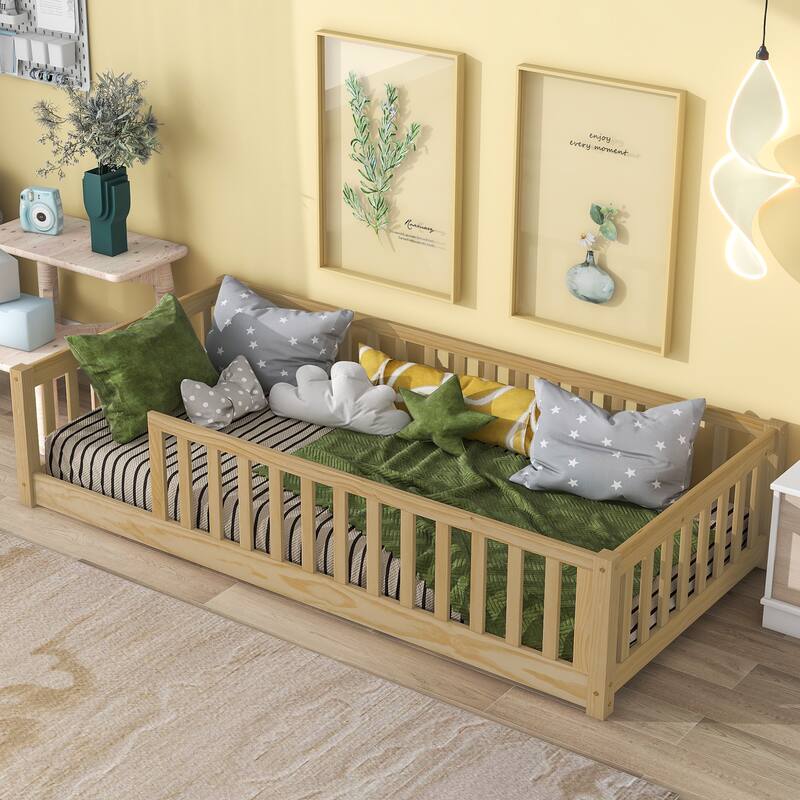 Floor Platform Bed with Fence without Door - Natural