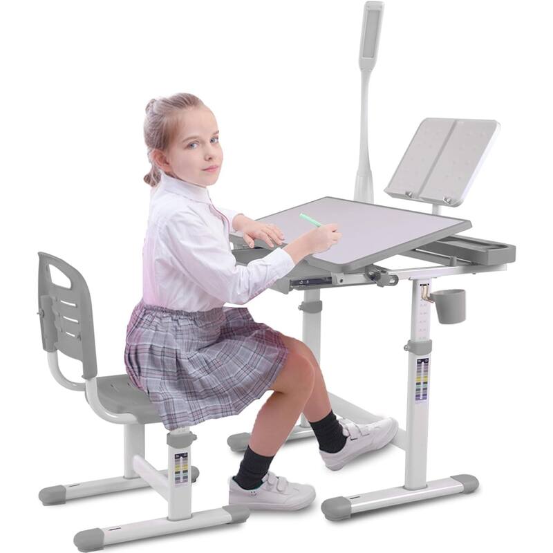 Adjustable Kids Desk and Chair Set with Tilt Desktop LED Lamp Storage Accessories Ergonomic Study - 15.0" x 15.0" x 21.3"-30" - Grey
