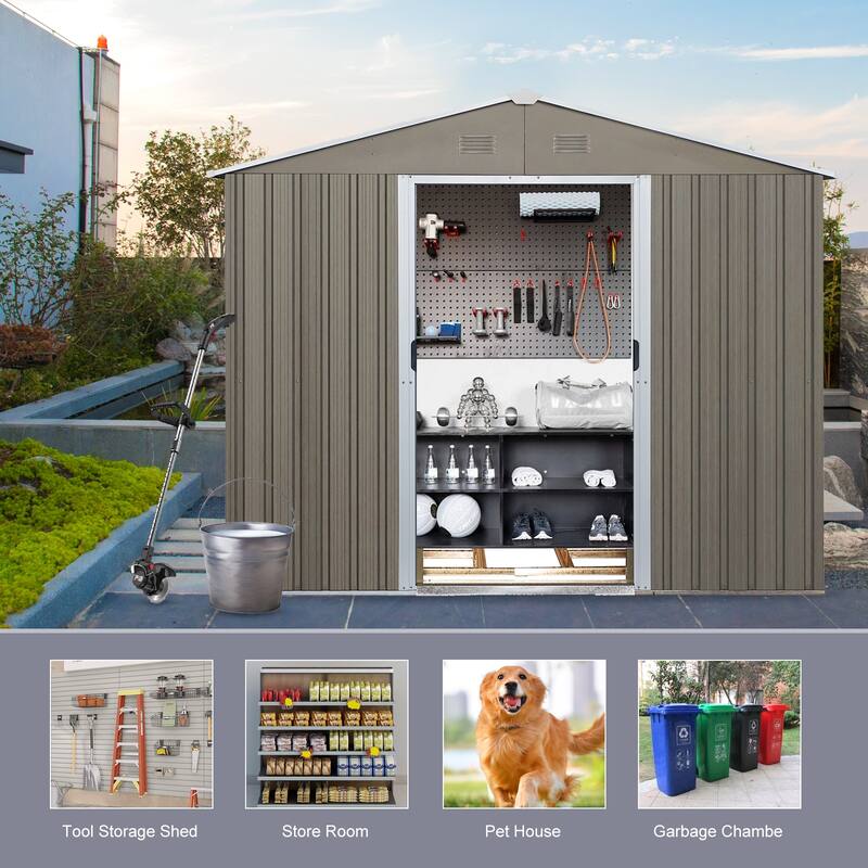 6ft x 8ft Outdoor Metal Storage Shed with Floor Base,Gray for Backyard, Patio, Lawn