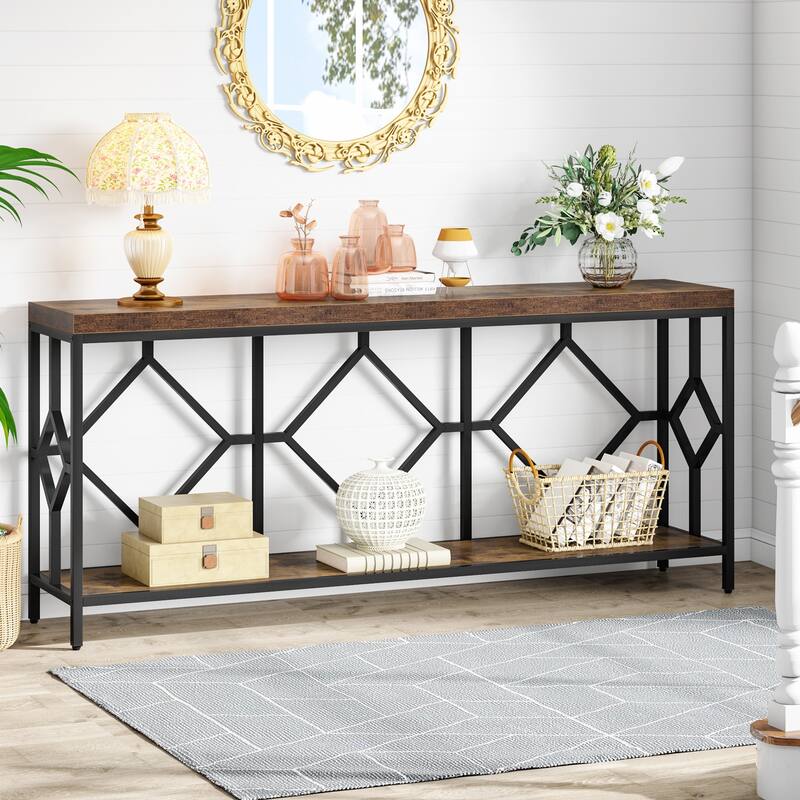 71 Inches Extra Long Console Table Sofa Table with Open Storage Shelf, Narrow Long Sofa Tables Entry Table Behind Couch Table - Brown+Black