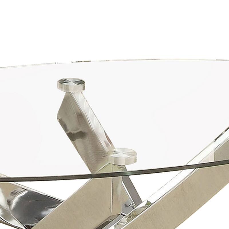 Oval Shape Glass Top Coffee Table with Criss Cross Base, Silver and Clear