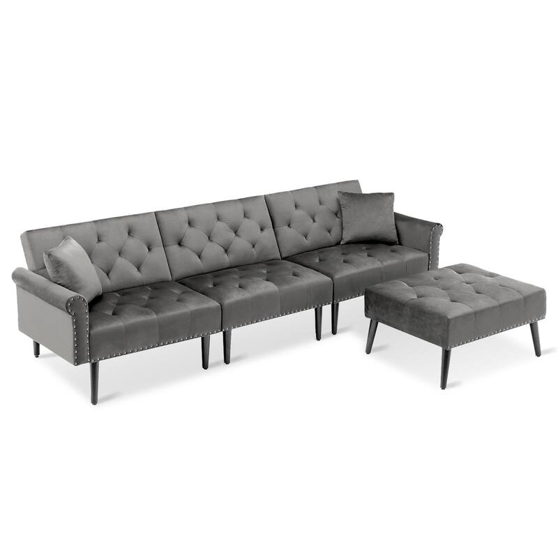 Convertible Velvet Sofa Couch, Sectional Sofa with Ottoman, Mid-Century Futon Sofa Bed - 32"D x 100.7"W x 29.9"H