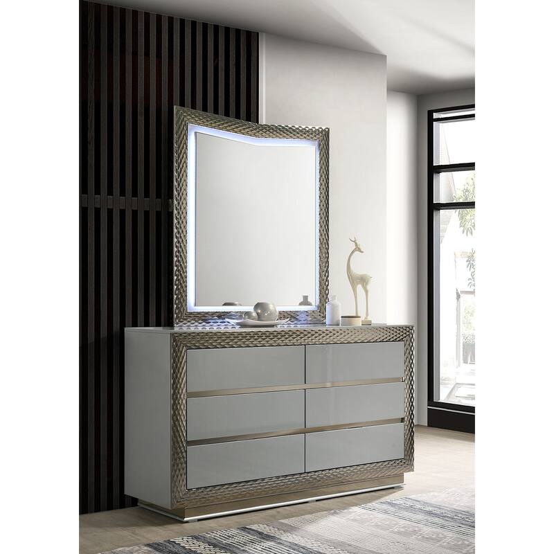 Gray Finish Royal 4pc Bedroom Furniture Set LED Bed Dresser Mirror Nightstand