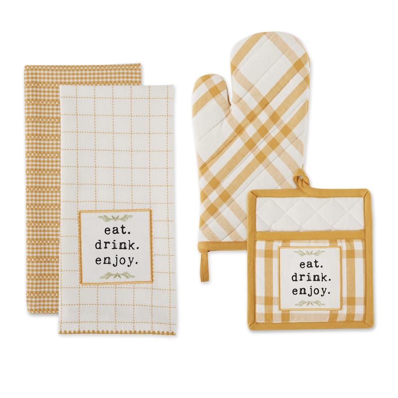 Home Sweet Farmhouse Kitchen (Set of 4) - Oven Mitt/Pot Holder/ Dishtowel Set - Honey Gold