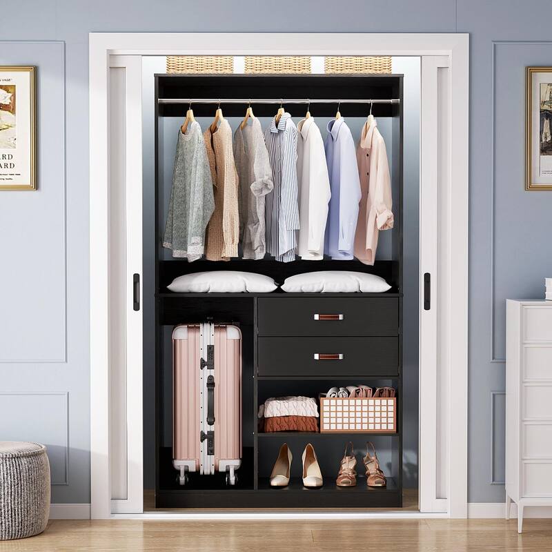 Rackcog Freestanding Closet Organizer with Hanging Rod, Closet System Wardrobe with Wood Drawers - Black