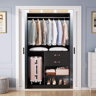 Rackcog Freestanding Closet Organizer with Hanging Rod, Closet System Wardrobe with Wood Drawers