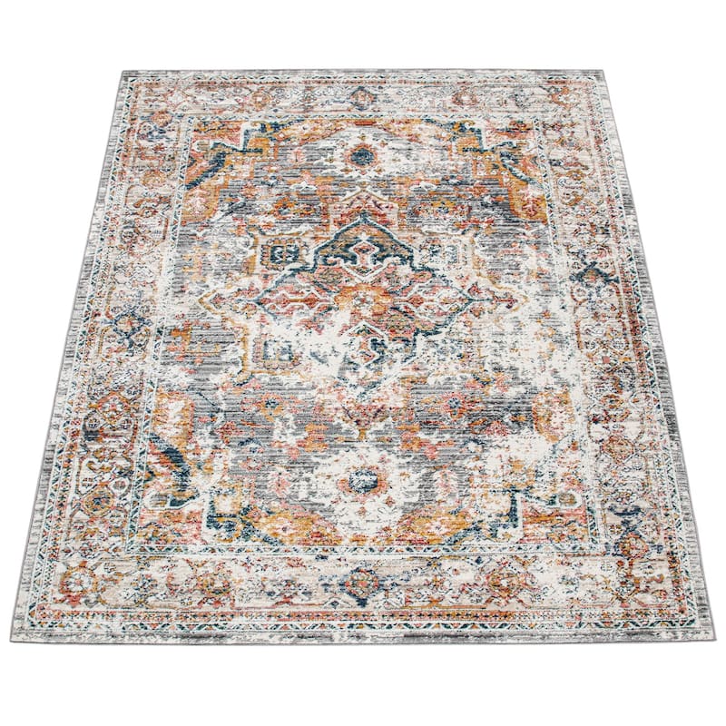 Vintage Rug Oriental Design with Ornaments and Border in Cream Yellow