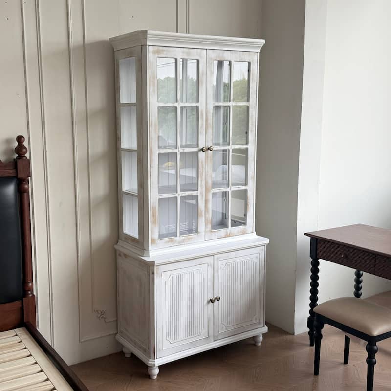 77.5"Tall Vintage Display Cabinet with Double Glass Doors, Traditional Style China Cabinet Hutch Cabinet - White Washed