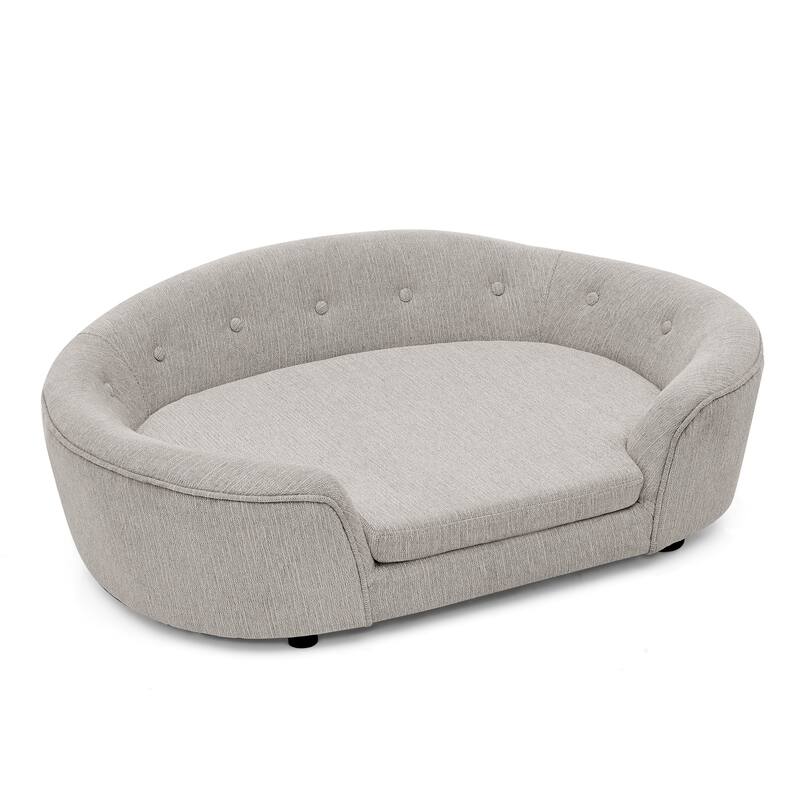 Oval Semi-Enclosed Dog Sofa, Durable Linen Material, Button-Tufted Backrest, High-Center Low-Sides Support Plush Comfort-Beige